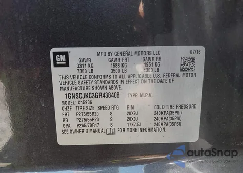 2016 Chevrolet Suburban Ltz z USA, uszkodzony, nr VIN 1GNSCJKC3GR438408